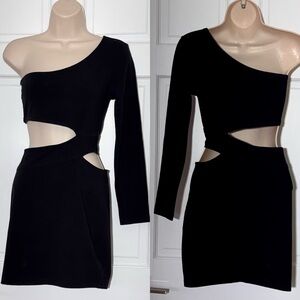 SUPRE Black One Shoulder Cutout Bodycon Mini Dress Long Sleeve M